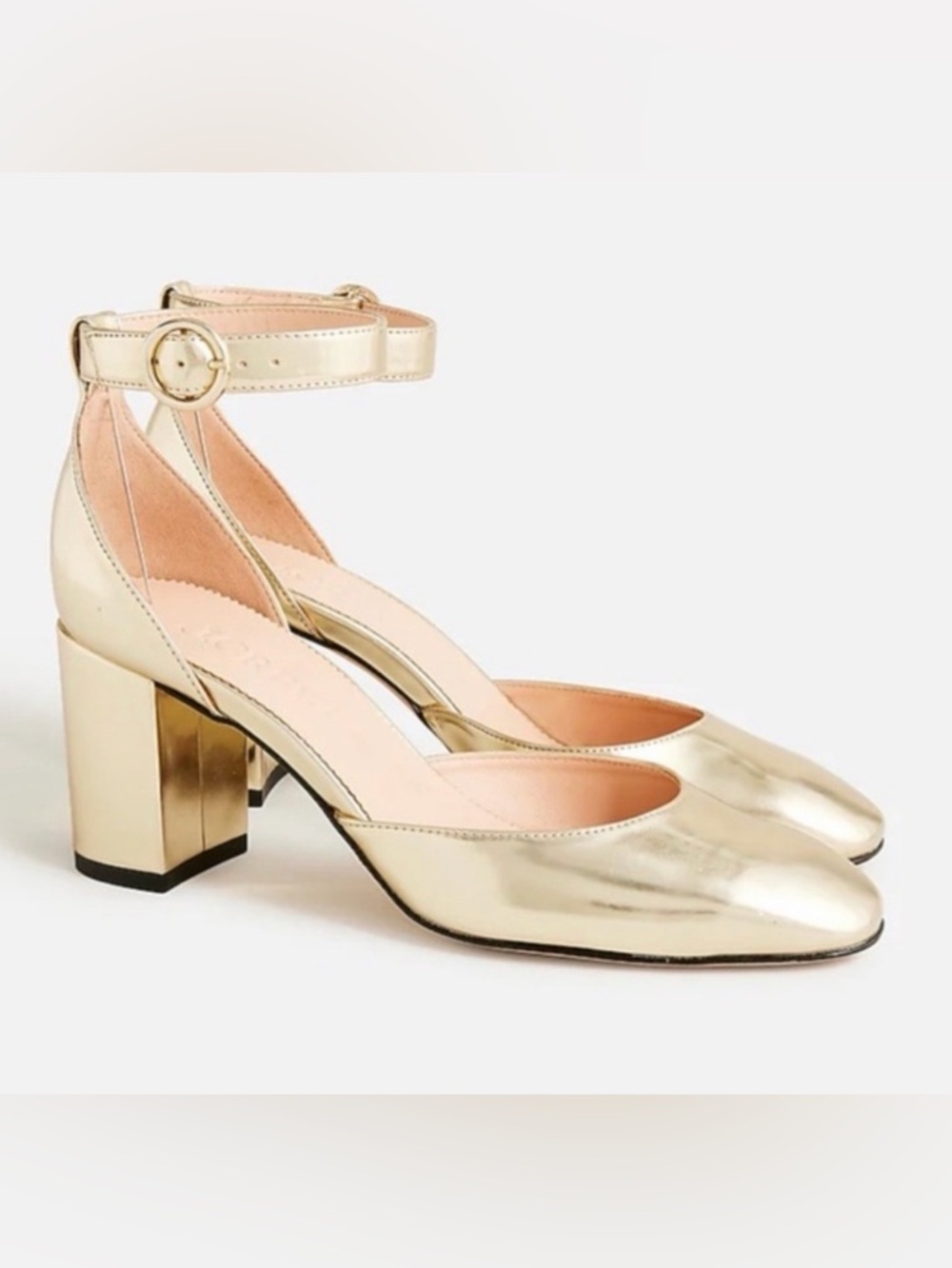 J. Crew Metallic Gold Ankle-Strap Block Heel Pumps